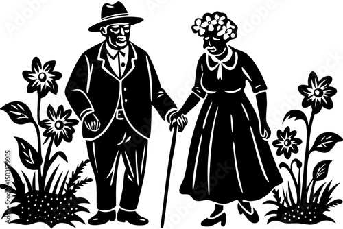 Monochrome Illustration of a Senior Couple Strolling in a Garden, Hand in Hand, Amidst Blooming Flowers and Plants