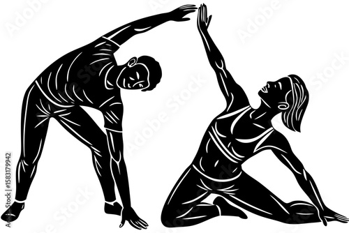 Two individuals exercising, one standing and stretching, the other kneeling with an arm raised, in a dynamic vector graphic.