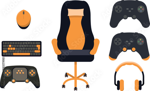 Orange gaming equipment set- gaming chair, headset, joystick, controller, keyboard, mouse