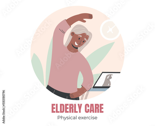 Elderly woman doing stretching exercises while following a tablet workout, flat vector concept for senior physical activity, rehabilitation, or health and wellness support.