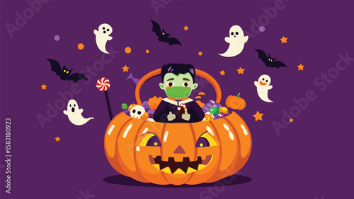 Halloween scene featuring a masked boy in a pumpkin basket with ghosts and bats around him