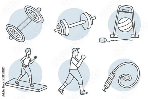 Fitness icons with barbells dumbbells people and jump rope workout exercise