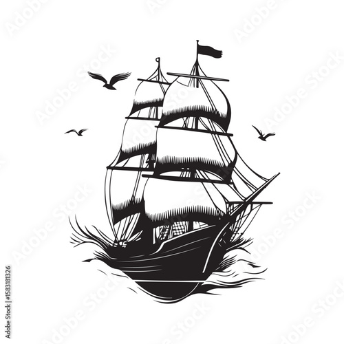 Vector illustration of a pirate ship with waving sails and iconic skull flag details. Perfect for sea adventure themes, pirates, fantasy, and historical stories.