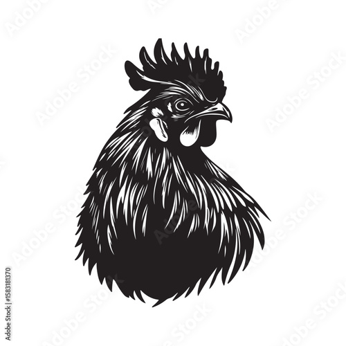 Vector illustration of a rooster head with detailed scales and bright, distinctive colors. Suitable for farming themes, poultry animals, symbol of strength, and nature-themed designs.