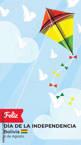 Kite with Bolivia Flag Flying Under Bright Blue Sky with Sunlight and White Doves. Bolivia Independence Day.