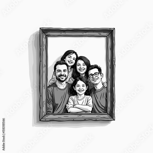Family portrait of five smiling members framed on white background  