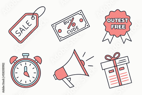 Sale tag money alarm clock megaphone gift box award ribbon discount coupon