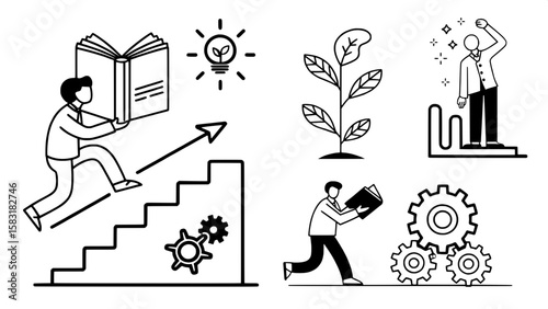 A collection of black and white line art icons symbolizing personal development and leadership growth. Depictions include a person reading a book, a plant sprouting from hands, a staircase with ascend