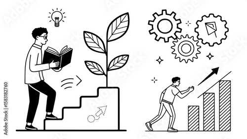 A collection of black and white line art icons symbolizing personal development and leadership growth. Depictions include a person reading a book, a plant sprouting from hands, a staircase with ascend