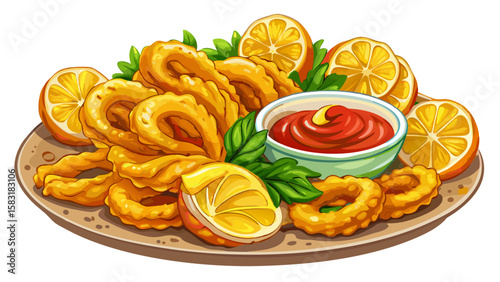 A close-up Delicious golden fried calamari served with lemon wedges and a spicy dipping sauce, perfect for any seafood lover's meal. Very beautiful white background