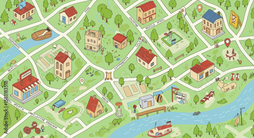 Colorful Hand-Drawn Vector Map Elements of Settlement, City, and Village