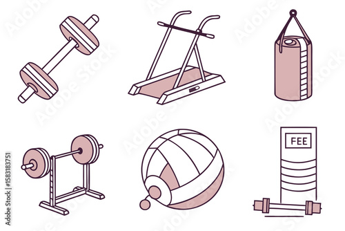 Gym equipment icons barbell treadmill punching bag weights volleyball vector
