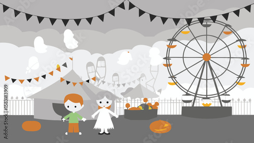 Illustration of a halloween carnival with a ferris wheel and children in costumes at night time