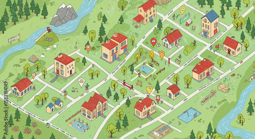 Colorful Hand-Drawn Vector Map Elements of Settlement, City, and Village