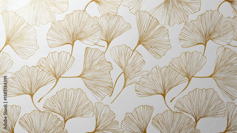 Obraz premium Minimalist natural wallpaper with elegant ginkgo leaves pattern in soft gold lines on light background, creating calm and sophisticated atmosphere for interior design