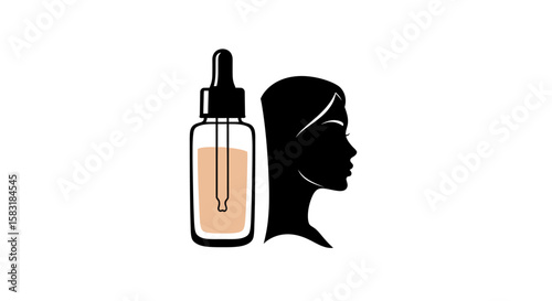 Liquid Foundation Dropper with Woman Silhouette – Vector Makeup Icon