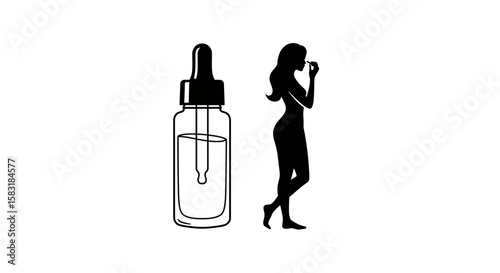 Liquid Foundation Dropper with Woman Silhouette – Vector Makeup Icon