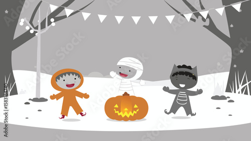Cartoon halloween scene with children in costumes and a pumpkin under a banner in grayscale