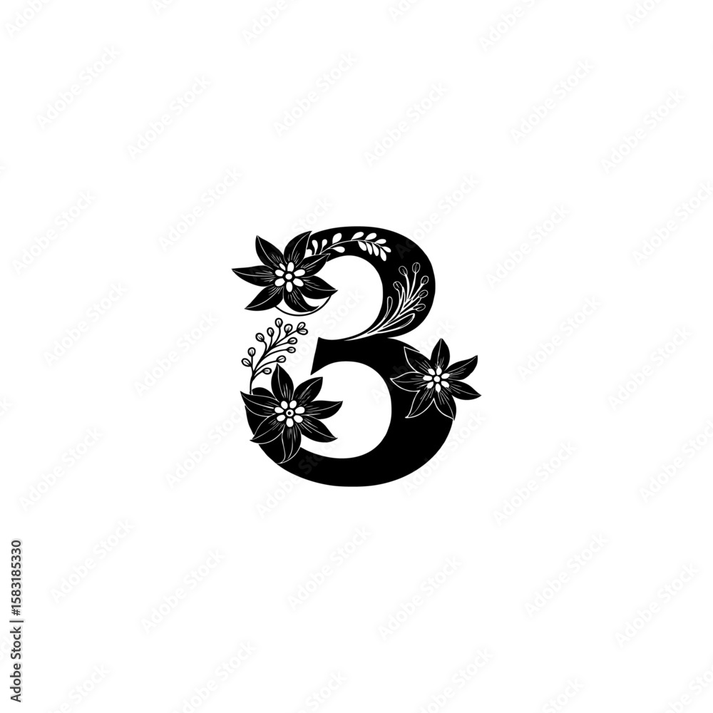 black graphic number 3 decorated with flowers vector silhouette black graphic number 3 decorated with flowers vector silhouette