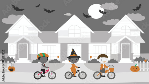 Children in costumes riding bikes for halloween in front of houses with bats and pumpkins in the night