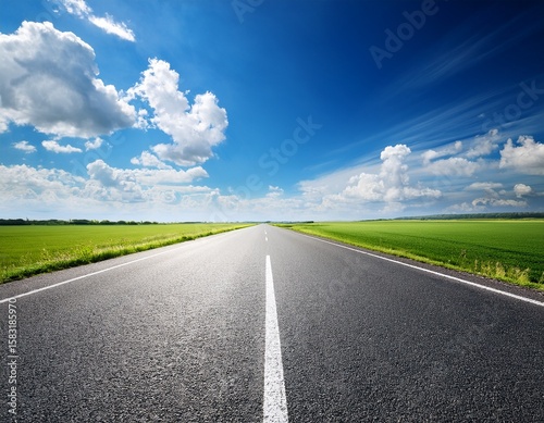 an empty asphalt road stretching towards a green field under a bright blue sky with white fluffy clouds