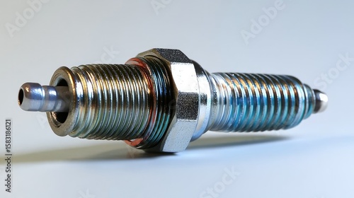Close-up of a metallic spark plug.