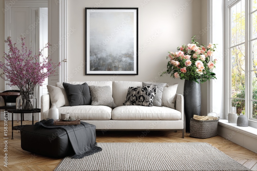 Naklejka premium Modern living room featuring elegant decor with flowers and cozy seating in a sunlit space