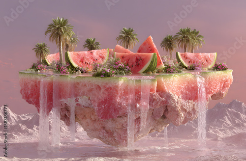 Surreal Watermelon Island Floating in Pink Sky with Juice Waterfalls and Palm Trees, Water Melon Day, Fantacy World, Pinck