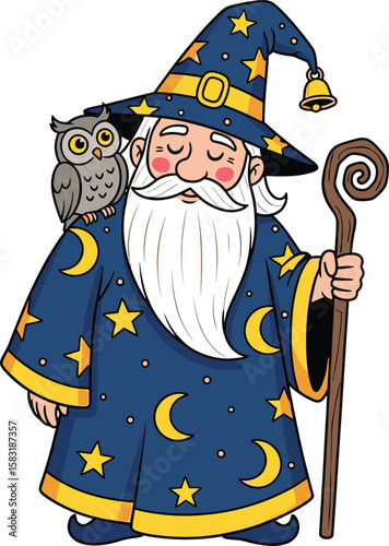 Cartoon wizard with staff and owl, magical character in blue robe and hat, fantasy illustration, sorcerer artwork, vector stock design