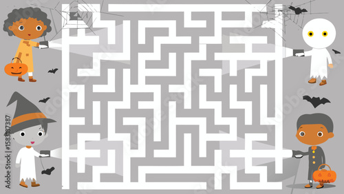 Halloween maze with children dressed in costumes and holding pumpkin baskets and flashlights