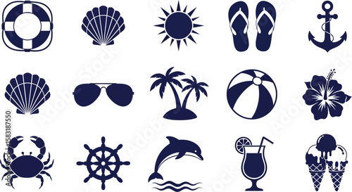 Summer vacation icons featuring beach, sea, and holiday related designs