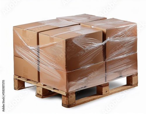shrink wrapped pallet of cardboard boxes isolated on transparent or white background