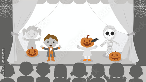 Halloween themed puppet show with a vampire pumpkin mummy and ghost performing on a stage for an audience