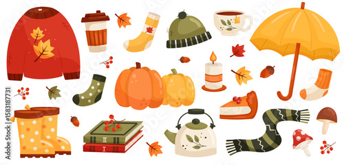 Autumn clipart set. Fall elements bundle with pumpkins, sweater, tea, socks, mushrooms, books. Vector illustration isolated.