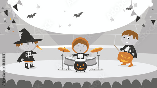 Halloween band performing on stage with bats and bunting in grayscale and orange colorscheme