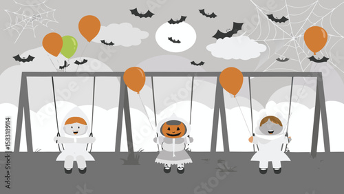 Halloween themed scene with children on swings under bats and balloons at night time park scene