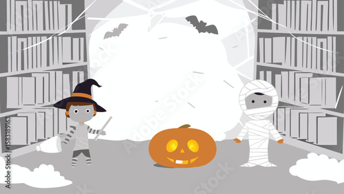 Halloween scene with witch, mummy, pumpkin, bats and bookshelves in a spooky gray background