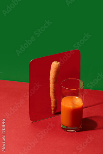 Photography Carrot juice appears as whole carrot in mirror, showing aspiration
