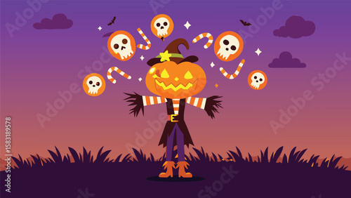 Illustration of a halloween pumpkin scarecrow with skulls and candy canes on a spooky background