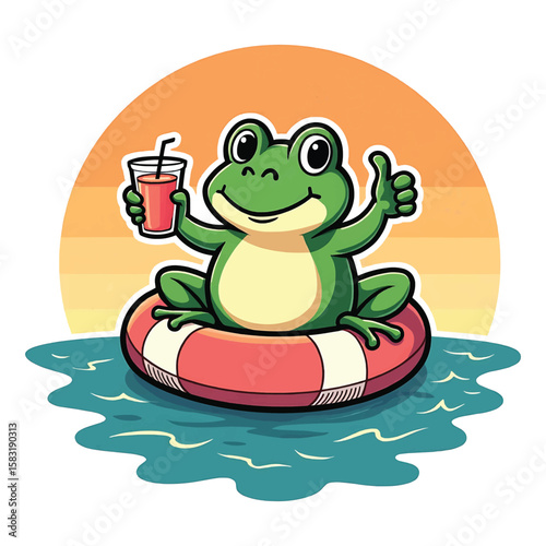Summer Frog Floating on Lifebuoy – Cute Cartoon Vacation Illustration for T-shirt