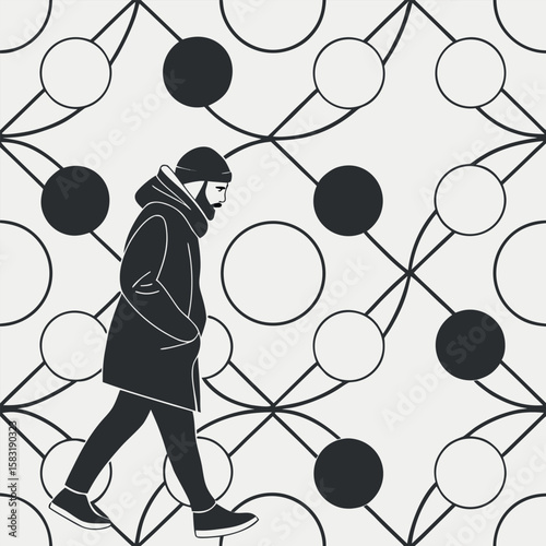 Stylized Figure Strolling Across a Geometric Lattice Backdrop in Monochrome Fashion Illustration Style