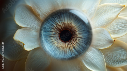 Surreal eye flower symbolizes soul peace and subconscious depths. Blue iris petals represent inner vision, meditation, spiritual consciousness and mindfulness journey.