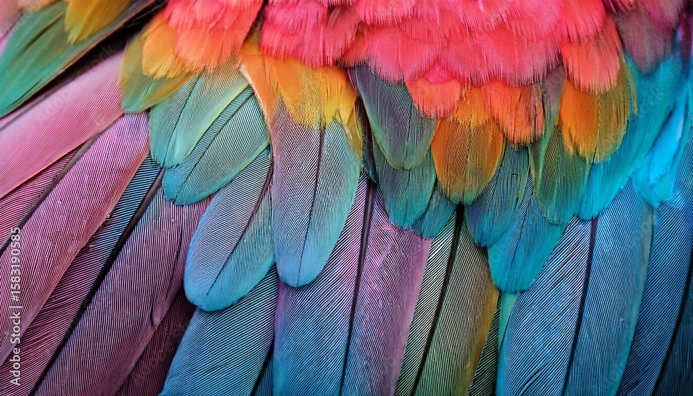 Obraz premium close up view of a vibrant colorful wing feathers in a spectrum of pastel hues from teal to pink orange and purple are densely clustered
