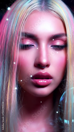 Anime Style Portrait of Young Woman with Rainbow Highlighted Blonde Hair Digital Glitter Accents in Soft Pink and Blue Background