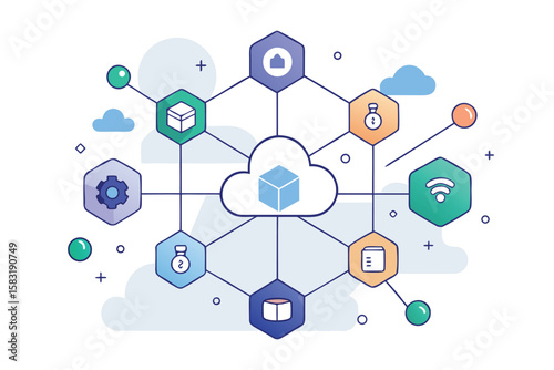 Cloud computing data network illustrative concept depicting information storage and wireless connectivity