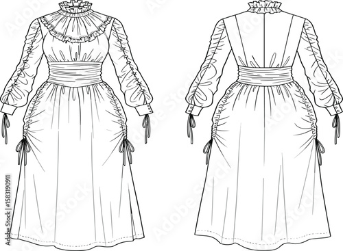 Victorian dress, high neck, long sleeves, fashion sketch, elegant garment, ruffled collar, ruched waist,