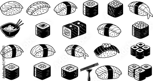 Japanese Sushi Silhouette Icon Collection Set Vector Illutration on White Background
