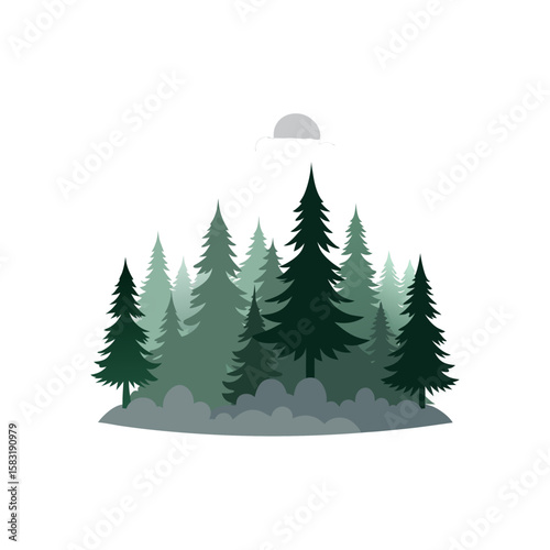 realistic pine forest shrouded in early morning 