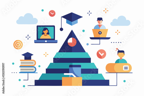 Colorful educational pyramid illustration depicting online learning and academic progression