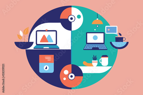 Colorful geometric workspace composition featuring laptop and coffee cup with a clean minimalist style.